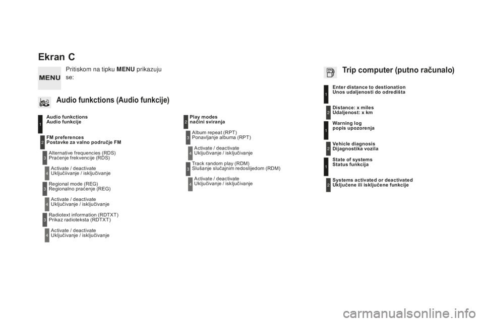 CITROEN DS3 2017  Upute Za Rukovanje (in Croatian) DS3_hr_Chap11d_RD45_ed02-2015
Ekran C
Audio funkctions  
Audio funkcijeAlternative frequencies (RDS)  
Praćenje frekvencije (RDS)Activate / deactivate  
Uključiivanje / isključivanje
FM preferences