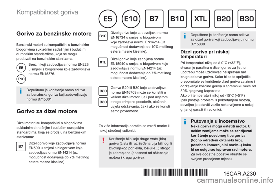 CITROEN DS3 2017 Upute Za Rukovanje (in Croatian) Gorivo za benzinske motore
Benzinski motori su kompatibilni s benzinskim biogorivima sukladnim sadašnjim i budućim europskim standardima, koja se mogu prodavati na benzinskim stanica CITROEN DS3 2017 Upute Za Rukovanje (in Croatian) Gorivo za benzinske motore
Benzinski motori su kompatibilni s benzinskim biogorivima sukladnim sadašnjim i budućim europskim standardima, koja se mogu prodavati na benzinskim stanica