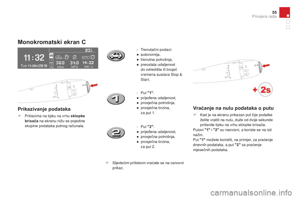 CITROEN DS3 2017 Upute Za Rukovanje (in Croatian) 55
DS3_hr_Chap01_controle-de-marche_ed02-2015
Monokromatski ekran C
Prikazivanje podataka
F Pritiscima na tipku na vrhu sklopke brisača na ekranu nižu se pojedine
skupine podataka putnog računala CITROEN DS3 2017 Upute Za Rukovanje (in Croatian) 55
DS3_hr_Chap01_controle-de-marche_ed02-2015
Monokromatski ekran C
Prikazivanje podataka
F Pritiscima na tipku na vrhu sklopke brisača na ekranu nižu se pojedine
skupine podataka putnog računala