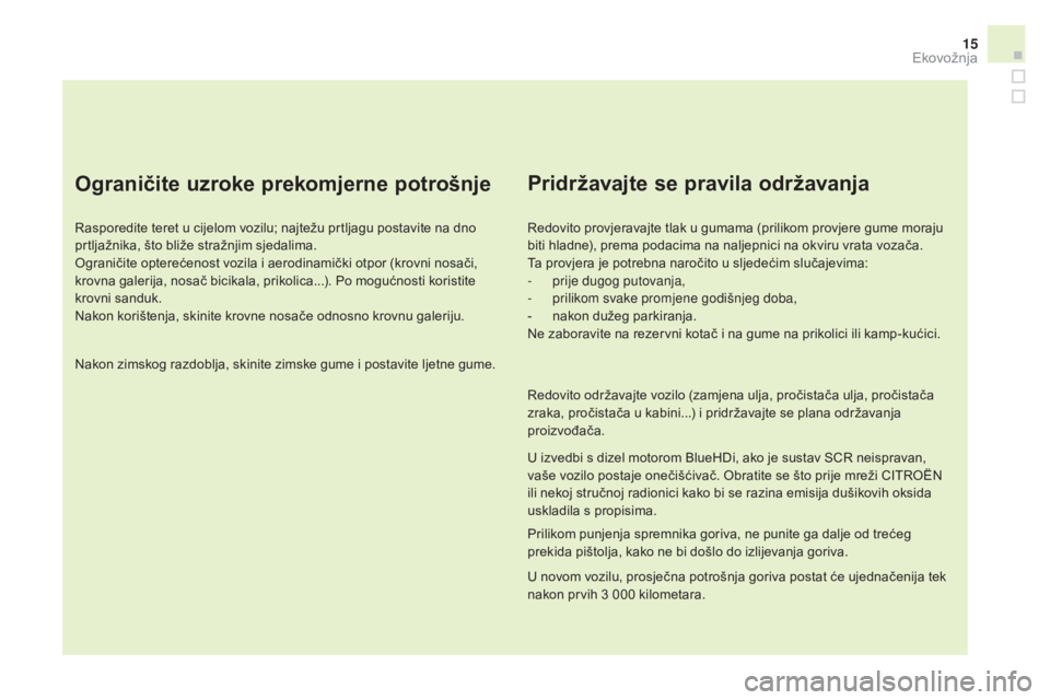 CITROEN DS3 2016 Upute Za Rukovanje (in Croatian) 15
DS3_hr_Chap00c_eco-conduite_ed01-2015
Ograničite uzroke prekomjerne potrošnje
Rasporedite teret u cijelom vozilu; najtežu prtljagu postavite na dno
prtljažnika, što bliže stražnjim sjedalim CITROEN DS3 2016 Upute Za Rukovanje (in Croatian) 15
DS3_hr_Chap00c_eco-conduite_ed01-2015
Ograničite uzroke prekomjerne potrošnje
Rasporedite teret u cijelom vozilu; najtežu prtljagu postavite na dno
prtljažnika, što bliže stražnjim sjedalim