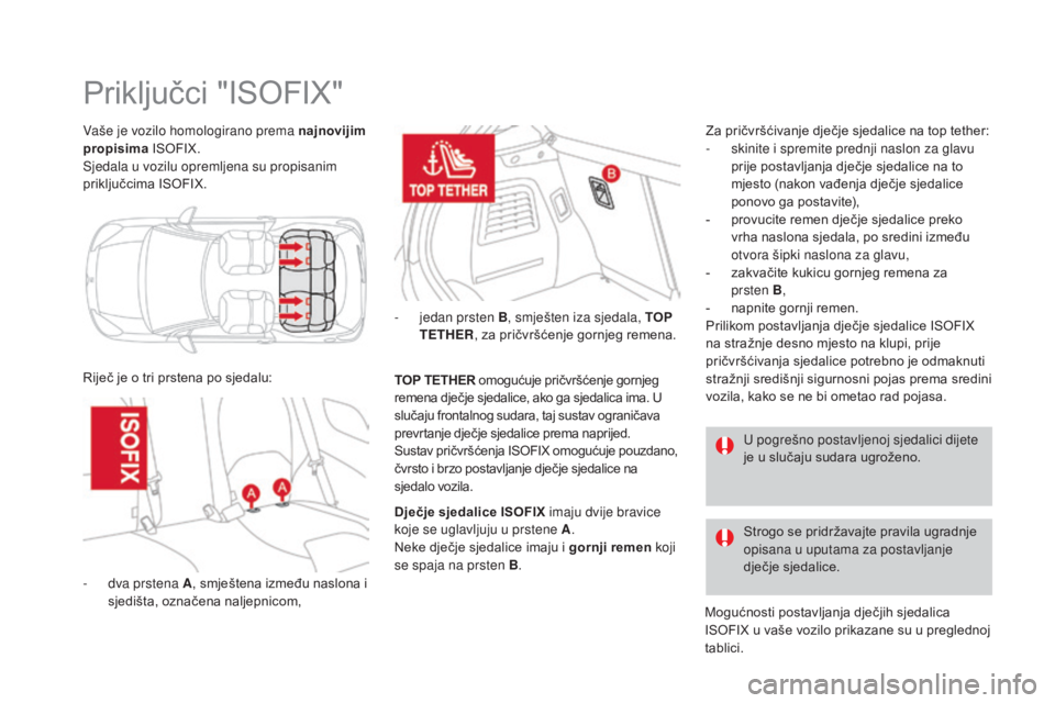 CITROEN DS3 2016  Upute Za Rukovanje (in Croatian) DS3_hr_Chap07_securite-enfants_ed01-2015
Vaše je vozilo homologirano prema najnovijim 
propisima ISOFIX.
Sjedala u vozilu opremljena su propisanim 
priključcima ISOFIX.
Priključci "ISOFIX"
