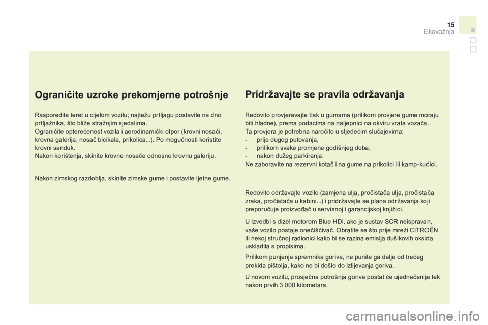 CITROEN DS3 2015 Upute Za Rukovanje (in Croatian) 15
ds3_hr_Chap00c_eco-conduite_ed01-2014
Ograničite uzroke prekomjerne potrošnje
rasporedite teret u cijelom vozilu; najtežu prtljagu postavite na dno
prtljažnika, što bliže stražnjim sjedalim CITROEN DS3 2015 Upute Za Rukovanje (in Croatian) 15
ds3_hr_Chap00c_eco-conduite_ed01-2014
Ograničite uzroke prekomjerne potrošnje
rasporedite teret u cijelom vozilu; najtežu prtljagu postavite na dno
prtljažnika, što bliže stražnjim sjedalim