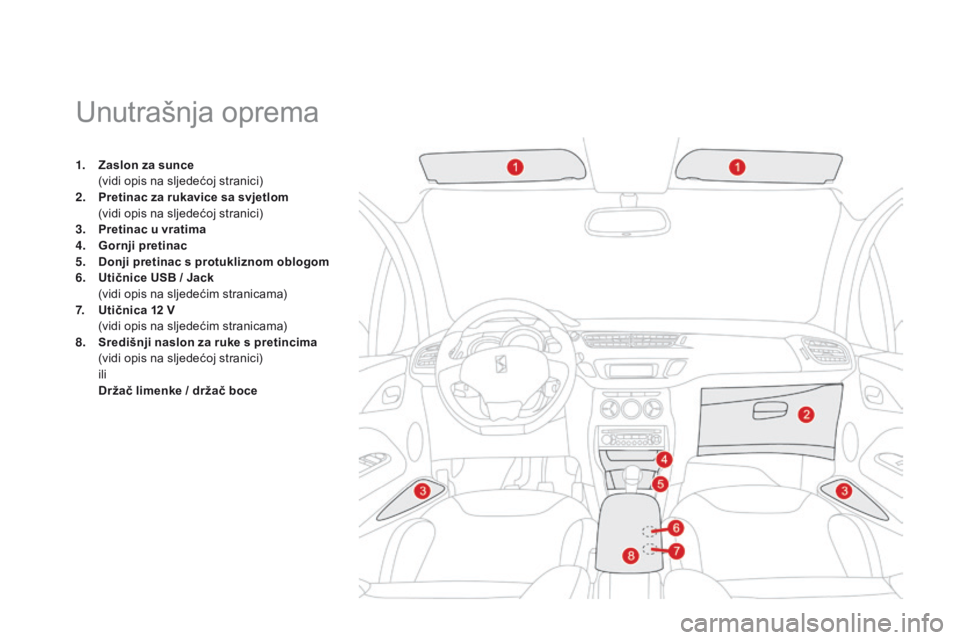 CITROEN DS3 2015 Upute Za Rukovanje (in Croatian) ds3_hr_Chap05_amenagement_ed01-2014
Unutrašnja oprema
1. Zaslon za sunce (
vidi opis na sljedećoj stranici)
2.
P
retinac za rukavice sa svjetlom
(
vidi opis na sljedećoj stranici)
3.
P
reti CITROEN DS3 2015 Upute Za Rukovanje (in Croatian) ds3_hr_Chap05_amenagement_ed01-2014
Unutrašnja oprema
1. Zaslon za sunce (
vidi opis na sljedećoj stranici)
2.
P
retinac za rukavice sa svjetlom
(
vidi opis na sljedećoj stranici)
3.
P
reti