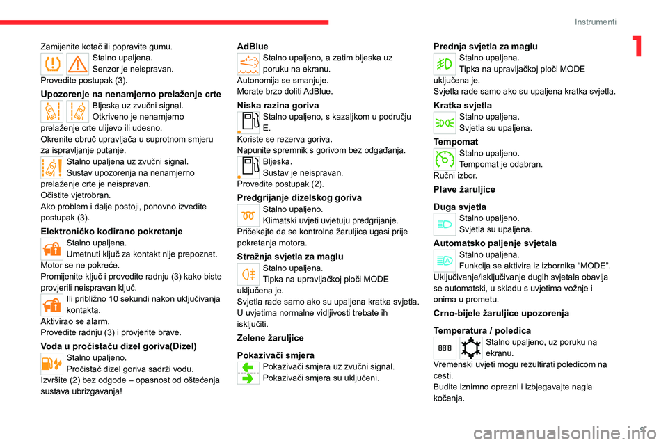 CITROEN JUMPER 2020  Upute Za Rukovanje (in Croatian) 9
Instrumenti
1Zamijenite kotač ili popravite gumu.Stalno upaljena.Senzor je neispravan.Provedite postupak (3). 
Upozorenje na nenamjerno prelaženje crteBljeska uz zvučni signal.Otkriveno je nenamj