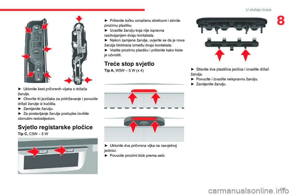 CITROEN JUMPER 2020  Upute Za Rukovanje (in Croatian) 11 7
U slučaju kvara
8
 
► Uklonite šest pričvrsnih vijaka s držača žarulje.► Otvorite tri jezičaka za pridržavanje i povucite držač žarulje iz kućišta.► Zamijenite žarulju.► Za 