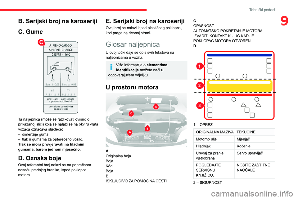 CITROEN JUMPER 2020  Upute Za Rukovanje (in Croatian) 135
Tehnički podaci
9B. Serijski broj na karoseriji
C. Gume 
 
Ta naljepnica (može se razlikovati ovisno o prikazanoj slici) koja se nalazi se na okviru vrata vozača označava sljedeće:– dimenzi