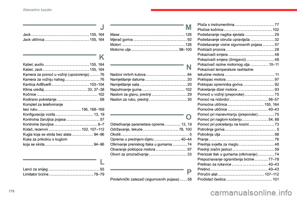 CITROEN JUMPER 2020  Upute Za Rukovanje (in Croatian) 178
Abecedno kazalo
J
Jack   155, 164Jack utičnica   155, 164
K
Kabel, audio   155, 164
Kabel, Jack   155, 164Kamera za pomoć u vožnji (upozorenja)   76Kamera za vožnju natrag   76Kantica AdBlue®