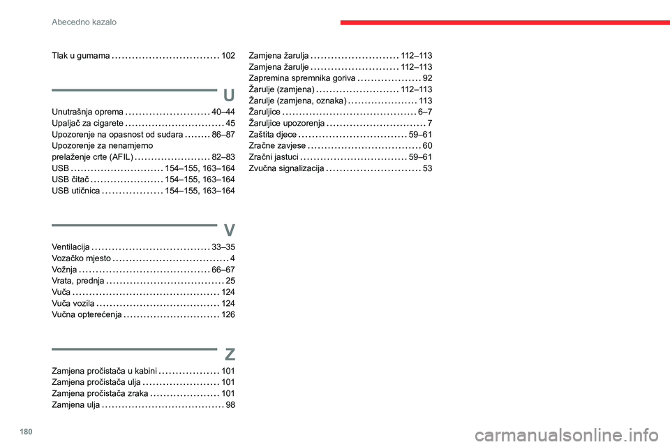 CITROEN JUMPER 2020  Upute Za Rukovanje (in Croatian) 180
Abecedno kazalo
Tlak u gumama   102
U
Unutrašnja oprema   40–44Upaljač za cigarete   45Upozorenje na opasnost od sudara   86–87Upozorenje za nenamjerno  
prelaženje crte (AFIL)   82–83USB