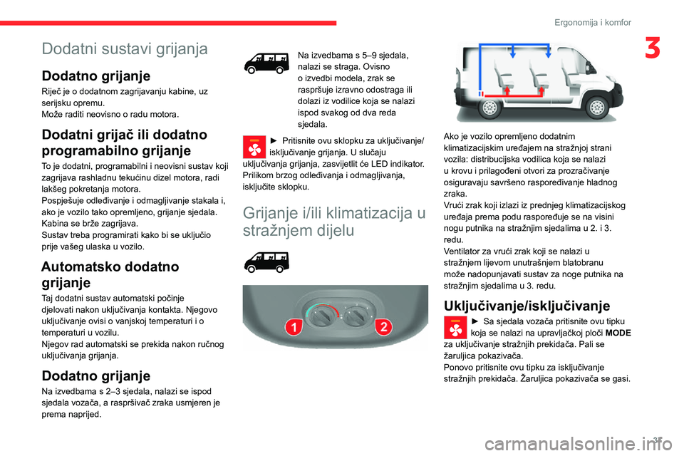 CITROEN JUMPER 2020  Upute Za Rukovanje (in Croatian) 37
Ergonomija i komfor
3Dodatni sustavi grijanja
Dodatno grijanje
Riječ je o dodatnom zagrijavanju kabine, uz serijsku opremu.Može raditi neovisno o radu motora.
Dodatni grijač ili dodatno 
program