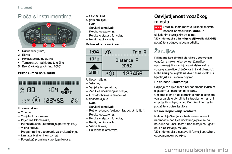 CITROEN JUMPER 2020  Upute Za Rukovanje (in Croatian) 6
Instrumenti
Ploča s instrumentima 
 
1.Brzinomjer (km/h)
2.Ekran
3.Pokazivač razine goriva
4.Temperatura rashladne tekućine
5.Brojač okretaja (o/min x 1000)
Prikaz ekrana na 1. razini 
 
U donje