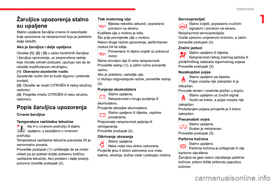 CITROEN JUMPER 2020 Upute Za Rukovanje (in Croatian) 7
Instrumenti
1Žaruljice upozorenja stalno
su upaljene
Stalno upaljena žaruljica crvene ili narančaste boje upozorava na neispravnost koju je potrebno dalje istražiti.
Ako je žaruljica i dalje u CITROEN JUMPER 2020 Upute Za Rukovanje (in Croatian) 7
Instrumenti
1Žaruljice upozorenja stalno
su upaljene
Stalno upaljena žaruljica crvene ili narančaste boje upozorava na neispravnost koju je potrebno dalje istražiti.
Ako je žaruljica i dalje u