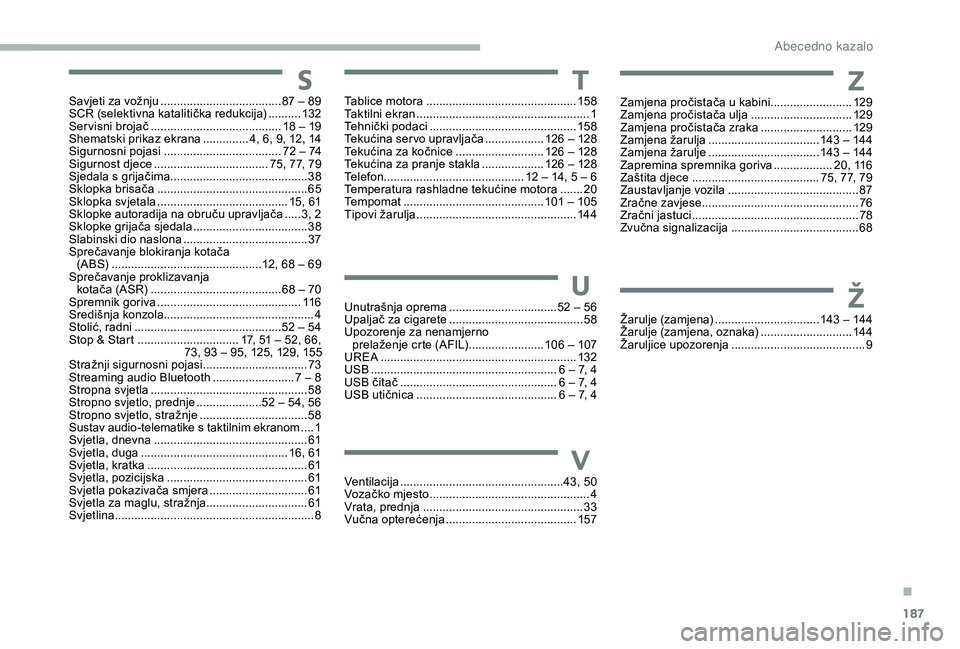 CITROEN JUMPER 2019 Upute Za Rukovanje (in Croatian) 187
Savjeti za vožnju .....................................87 – 89
SCR (selektivna katalitička redukcija) ..........13
2
Servisni brojač
........................................ 1
8 – CITROEN JUMPER 2019 Upute Za Rukovanje (in Croatian) 187
Savjeti za vožnju .....................................87 – 89
SCR (selektivna katalitička redukcija) ..........13
2
Servisni brojač
........................................ 1
8 –
