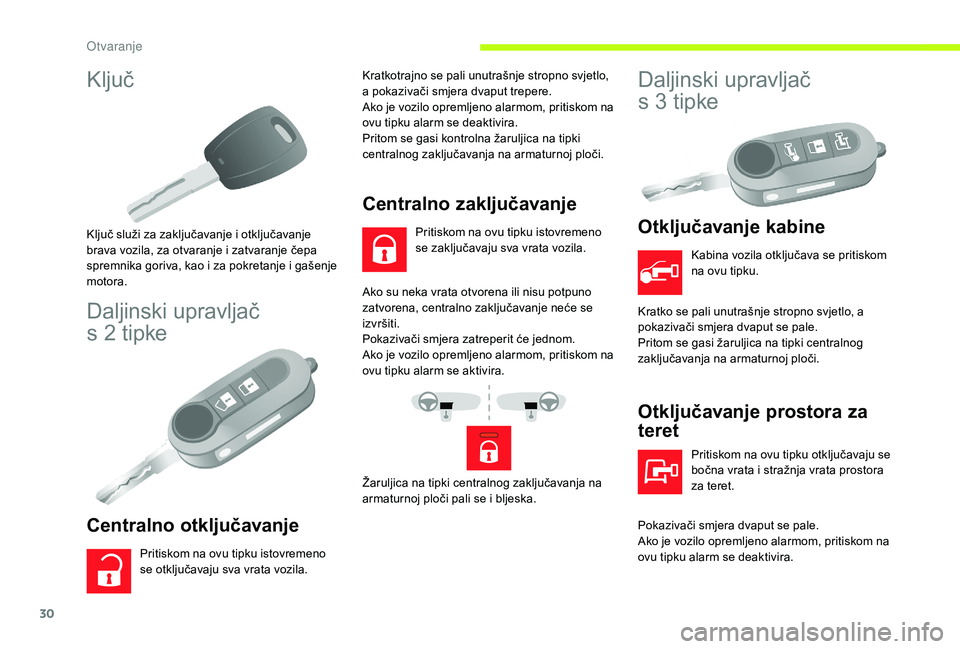 CITROEN JUMPER 2019 Upute Za Rukovanje (in Croatian) 30
Ključ
Ključ služi za zaključavanje i otključavanje
b rava vozila, za otvaranje i zatvaranje čepa
spremnika goriva, kao i
za pokretanje i gašenje
motora.
Daljinski upravljač
s 2 CITROEN JUMPER 2019 Upute Za Rukovanje (in Croatian) 30
Ključ
Ključ služi za zaključavanje i otključavanje
b rava vozila, za otvaranje i zatvaranje čepa
spremnika goriva, kao i
za pokretanje i gašenje
motora.
Daljinski upravljač
s 2