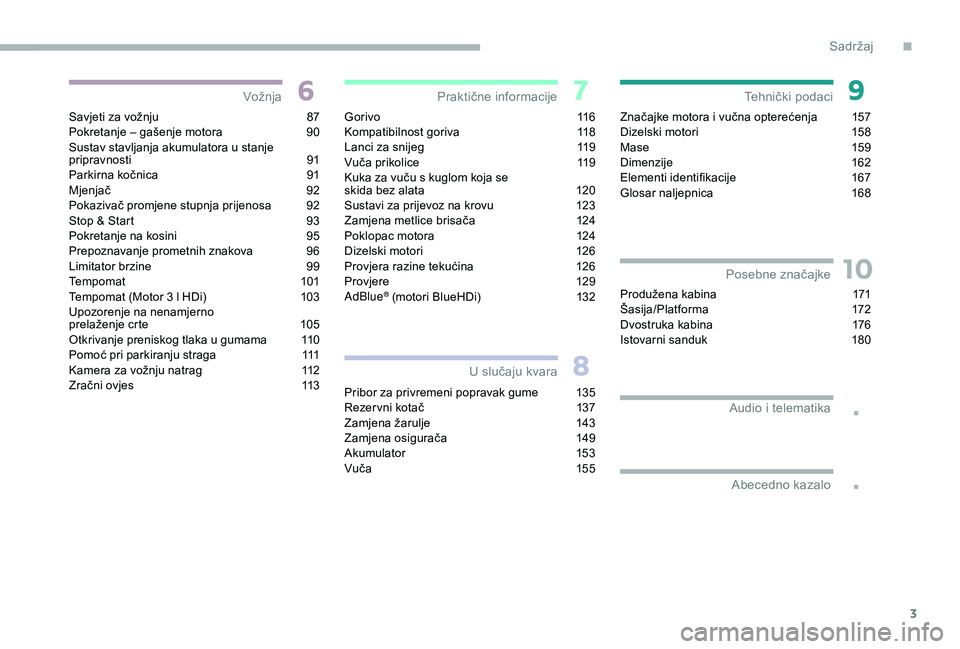 CITROEN JUMPER 2019  Upute Za Rukovanje (in Croatian) 3
.
.
10
Savjeti za vožnju 87
P okretanje – gašenje motora  9 0
Sustav stavljanja akumulatora u
  stanje 
pripravnosti
 9

1
Parkirna kočnica
 
9
 1
Mjenjač
 9

2
Pokazivač promjene stupnja pri