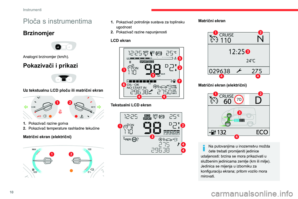 CITROEN JUMPER SPACETOURER 2021  Upute Za Rukovanje (in Croatian) 10
Instrumenti
Ploča s instrumentima
Brzinomjer 
 
Analogni brzinomjer (km/h).
Pokazivači i prikazi 
 
Uz tekstualnu LCD ploču ili matrični ekran 
 
1.Pokazivač razine goriva
2. Pokazivač temper