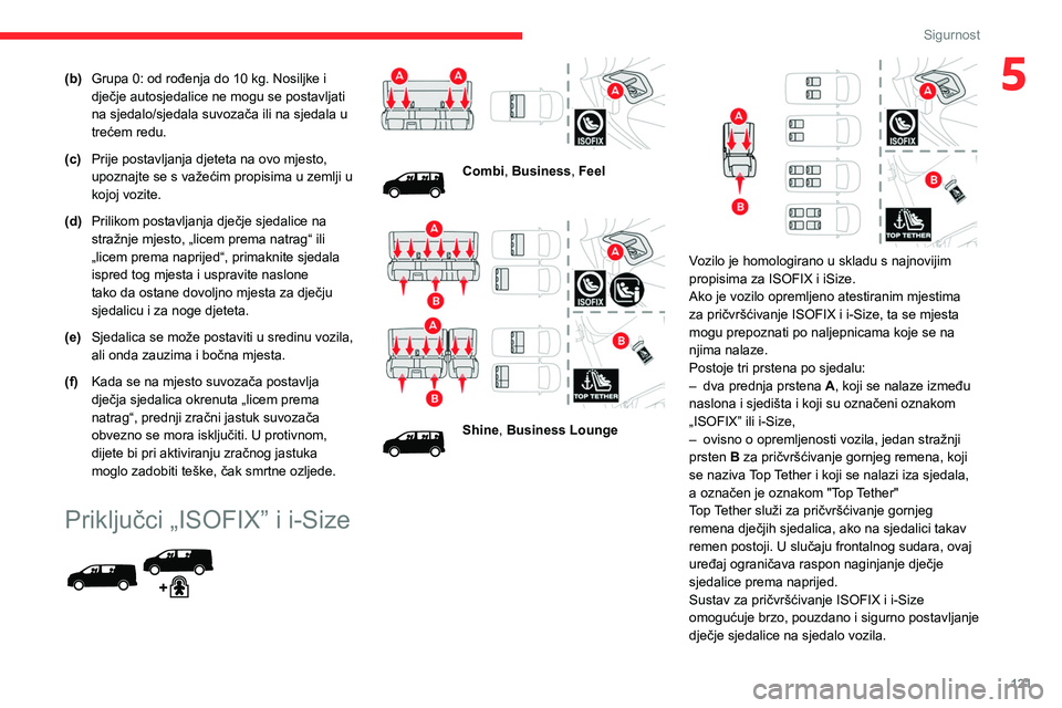 CITROEN JUMPER SPACETOURER 2021  Upute Za Rukovanje (in Croatian) 121
Sigurnost
5(b)Grupa 0: od rođenja do 10 kg. Nosiljke i 
dječje autosjedalice ne mogu se postavljati 
na sjedalo/sjedala suvozača ili na sjedala u 
trećem redu.
(c) Prije postavljanja djeteta n