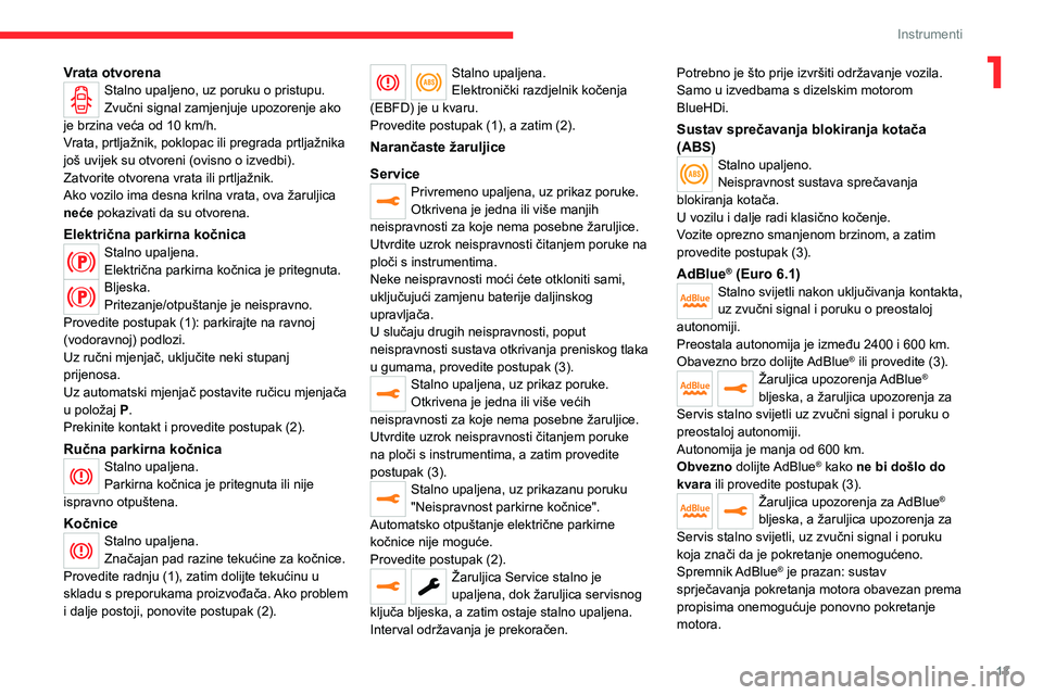 CITROEN JUMPER SPACETOURER 2021  Upute Za Rukovanje (in Croatian) 13
Instrumenti
1Vrata otvorenaStalno upaljeno, uz poruku o pristupu.
Zvučni signal zamjenjuje upozorenje ako 
je brzina veća od 10
  km/h.
Vrata, prtljažnik, poklopac ili pregrada prtljažnika 
jo