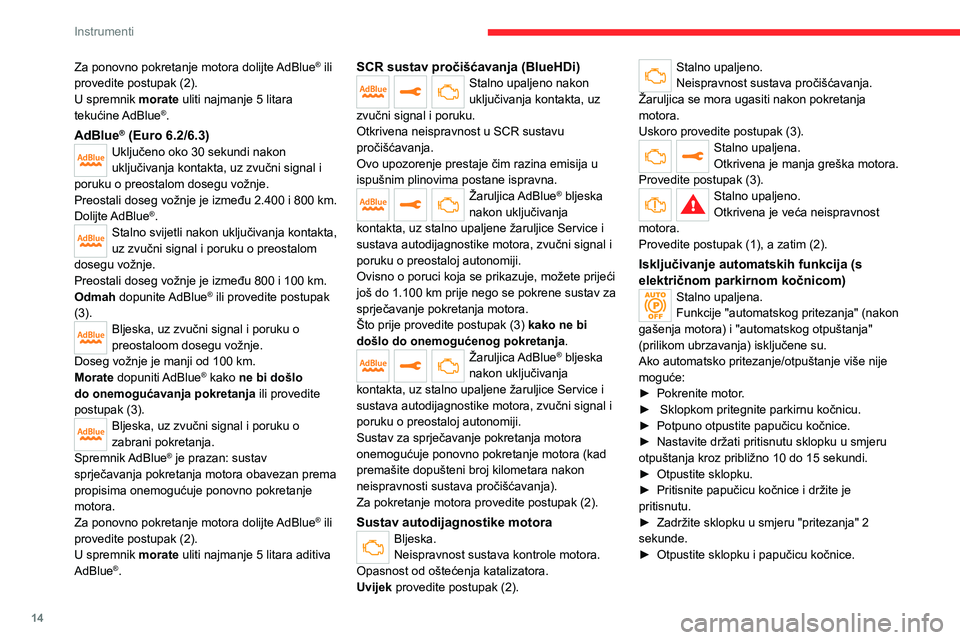 CITROEN JUMPER SPACETOURER 2021  Upute Za Rukovanje (in Croatian) 14
Instrumenti
Za ponovno pokretanje motora dolijte AdBlue® ili 
provedite postupak (2).
U spremnik morate uliti najmanje 5 litara 
tekućine AdBlue
®.
AdBlue® (Euro 6.2/6.3)Uključeno oko 30 sekun