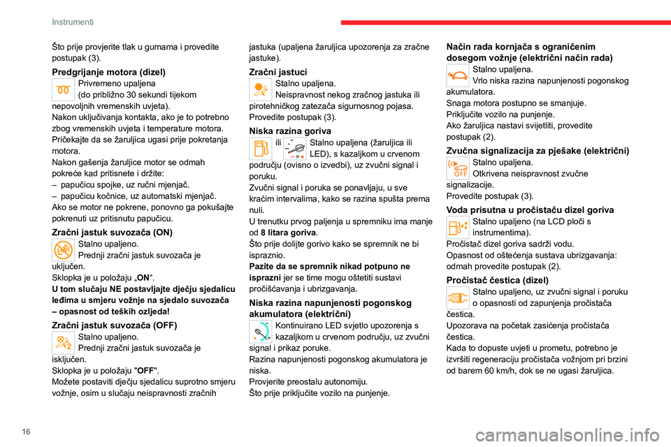 CITROEN JUMPER SPACETOURER 2021  Upute Za Rukovanje (in Croatian) 16
Instrumenti
Što prije provjerite tlak u gumama i provedite 
postupak (3).
Predgrijanje motora (dizel)Privremeno upaljena
(do približno 30 sekundi tijekom 
nepovoljnih vremenskih uvjeta).
Nakon uk