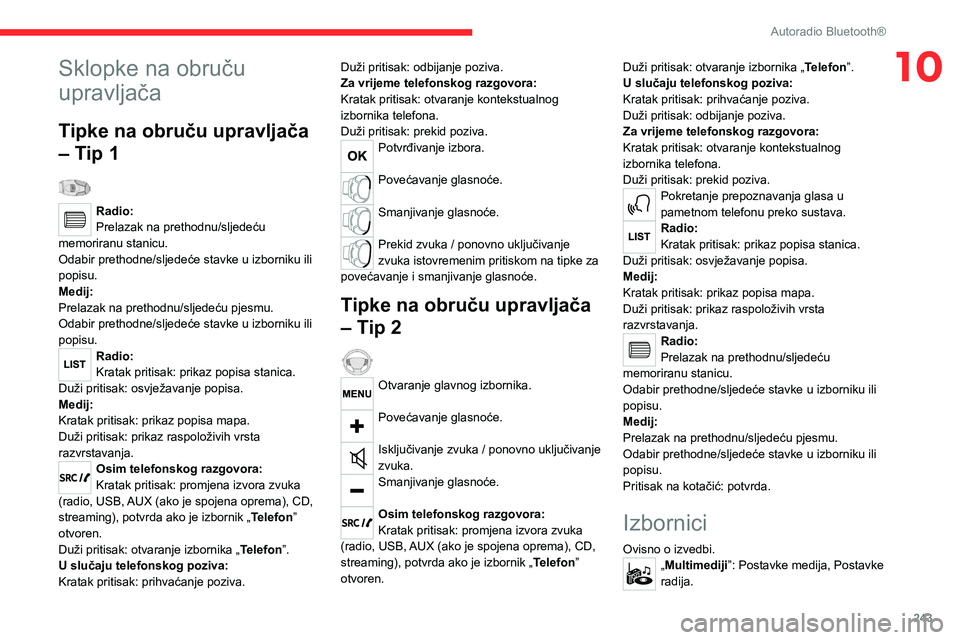 CITROEN JUMPER SPACETOURER 2021 Upute Za Rukovanje (in Croatian) 243
Autoradio Bluetooth®
10Sklopke na obruču
upravljača
Tipke na obruču upravljača
– Tip 1
Radio:
Prelazak na prethodnu/sljedeću
memoriranu stanicu.
Odabir prethodne/sljedeće stavke u i CITROEN JUMPER SPACETOURER 2021 Upute Za Rukovanje (in Croatian) 243
Autoradio Bluetooth®
10Sklopke na obruču
upravljača
Tipke na obruču upravljača
– Tip 1
Radio:
Prelazak na prethodnu/sljedeću
memoriranu stanicu.
Odabir prethodne/sljedeće stavke u i