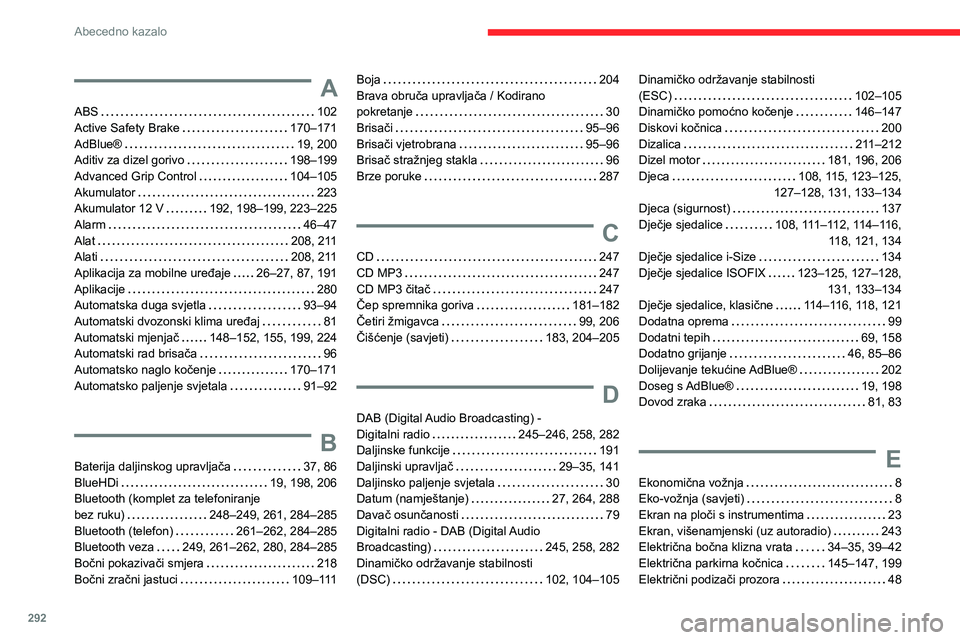 CITROEN JUMPER SPACETOURER 2021 Upute Za Rukovanje (in Croatian) 292
Abecedno kazalo
A
ABS 102
Active Safety Brake
170–171
AdBlue®
19, 200
Aditiv za dizel gorivo
198–199
Advanced Grip Control
104–105
Akumulator
223
Akumulator 12 V CITROEN JUMPER SPACETOURER 2021 Upute Za Rukovanje (in Croatian) 292
Abecedno kazalo
A
ABS 102
Active Safety Brake
170–171
AdBlue®
19, 200
Aditiv za dizel gorivo
198–199
Advanced Grip Control
104–105
Akumulator
223
Akumulator 12 V
