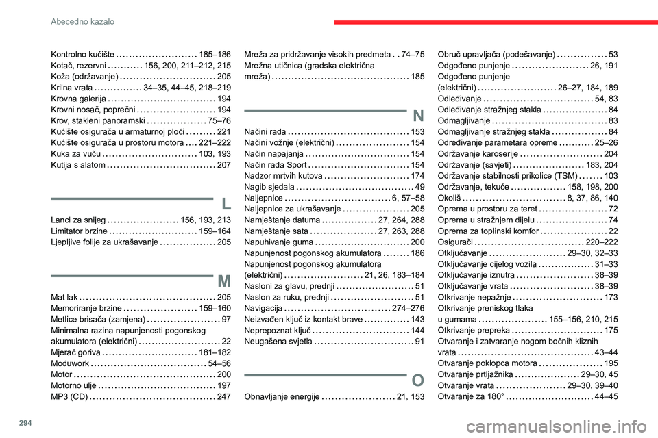 CITROEN JUMPER SPACETOURER 2021 Upute Za Rukovanje (in Croatian) 294
Abecedno kazalo
Kontrolno kućište 185–186
Kotač, rezervni
156, 200, 211–212, 215
Koža (održavanje)
205
Krilna vrata
34–35, 44–45, 218–219
Krovna galerija
194
CITROEN JUMPER SPACETOURER 2021 Upute Za Rukovanje (in Croatian) 294
Abecedno kazalo
Kontrolno kućište 185–186
Kotač, rezervni
156, 200, 211–212, 215
Koža (održavanje)
205
Krilna vrata
34–35, 44–45, 218–219
Krovna galerija
194