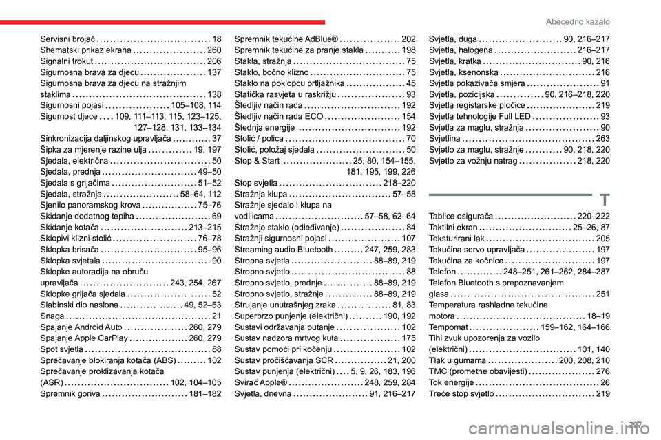 CITROEN JUMPER SPACETOURER 2021  Upute Za Rukovanje (in Croatian) 297
Abecedno kazalo
Servisni brojač     18
Shematski prikaz ekrana     
260
Signalni trokut
    
206
Sigurnosna brava za djecu
    
137
Sigurnosna brava za djecu na stražnjim   
staklima
    
138
Si