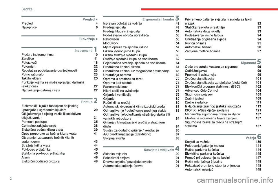 CITROEN JUMPER SPACETOURER 2021  Upute Za Rukovanje (in Croatian) 2
Sadržaj
  ■
PregledPregled  4
Naljepnice  6
  ■
Ekovožnja
 1InstrumentiPloča s instrumentima  10
Žaruljice  11
Pokazivači  18
Putomjeri  22
Reostat za podešavanje osvijetljenosti  23
P