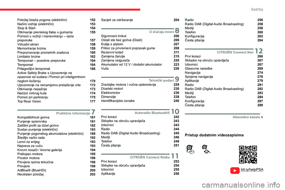 CITROEN JUMPER SPACETOURER 2021  Upute Za Rukovanje (in Croatian) 3
Sadržaj
  
  
 
 
 
 
Položaj birača pogona (električni)  152
Načini vožnje (električni)  153
Stop & Start  154
Otkrivanje preniskog tlaka u gumama  155
Pomoći u vožnji i manevriranju – o