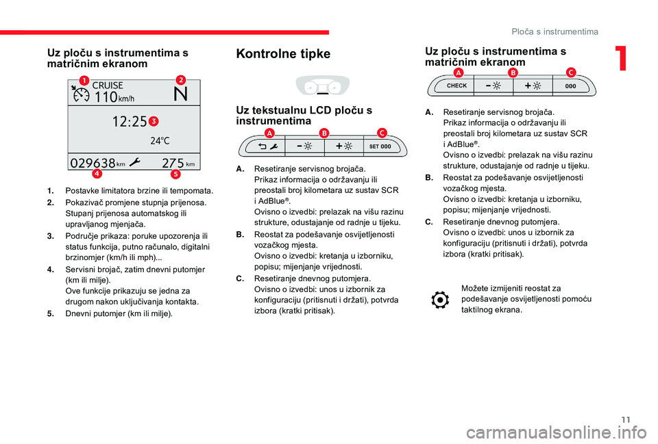CITROEN JUMPER SPACETOURER 2018 Upute Za Rukovanje (in Croatian) 11
Uz ploču s instrumentima s
matričnim ekranom
1.Postavke limitatora brzine ili tempomata.
2. Pokazivač promjene stupnja prijenosa.
Stupanj prijenosa automatskog ili
upravljanog mjenjača.
3. Po CITROEN JUMPER SPACETOURER 2018 Upute Za Rukovanje (in Croatian) 11
Uz ploču s instrumentima s
matričnim ekranom
1.Postavke limitatora brzine ili tempomata.
2. Pokazivač promjene stupnja prijenosa.
Stupanj prijenosa automatskog ili
upravljanog mjenjača.
3. Po