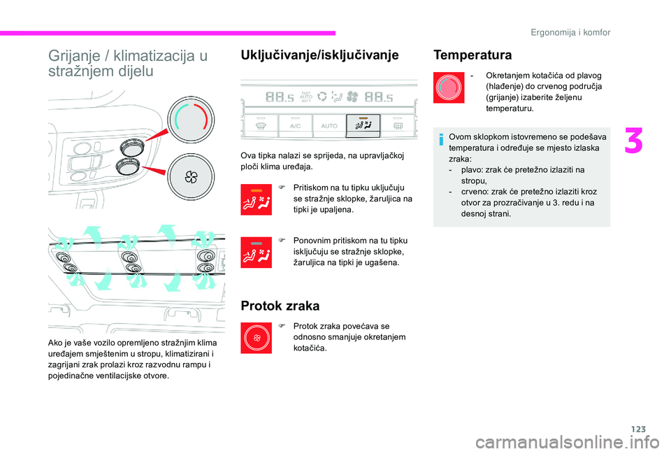 CITROEN JUMPER SPACETOURER 2018 Upute Za Rukovanje (in Croatian) 123
Grijanje / klimatizacija u
stražnjem dijelu
Ako je vaše vozilo opremljeno stražnjim klima
uređajem smještenim u stropu, klimatizirani i
zagrijani zrak prolazi kroz razvodnu rampu i
pojedi CITROEN JUMPER SPACETOURER 2018 Upute Za Rukovanje (in Croatian) 123
Grijanje / klimatizacija u
stražnjem dijelu
Ako je vaše vozilo opremljeno stražnjim klima
uređajem smještenim u stropu, klimatizirani i
zagrijani zrak prolazi kroz razvodnu rampu i
pojedi