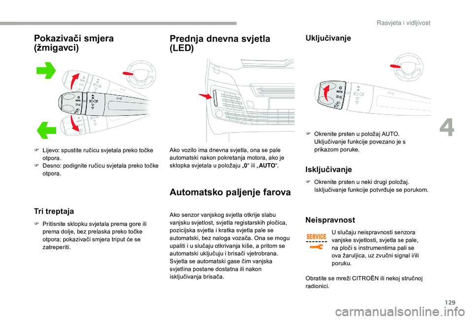 CITROEN JUMPER SPACETOURER 2018 Upute Za Rukovanje (in Croatian) 129
Tri treptaja
F Pritisnite sklopku svjetala prema gore ili prema dolje, bez prelaska preko točke
otpora; pokazivači smjera triput će se
zatreperiti.
Prednja dnevna svjetla
(LED)
Ako vozilo im CITROEN JUMPER SPACETOURER 2018 Upute Za Rukovanje (in Croatian) 129
Tri treptaja
F Pritisnite sklopku svjetala prema gore ili prema dolje, bez prelaska preko točke
otpora; pokazivači smjera triput će se
zatreperiti.
Prednja dnevna svjetla
(LED)
Ako vozilo im