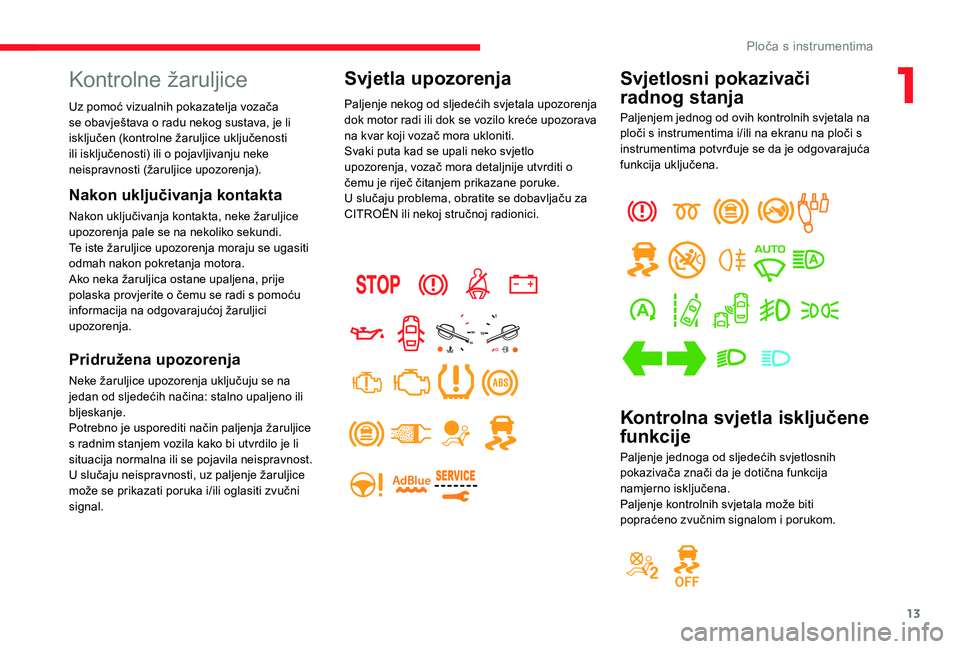 CITROEN JUMPER SPACETOURER 2018 Upute Za Rukovanje (in Croatian) 13
Svjetlosni pokazivači
radnog stanja
Paljenjem jednog od ovih kontrolnih svjetala na
ploči s instrumentima i/ili na ekranu na ploči s
instrumentima potvrđuje se da je odgovarajuća
funkcija CITROEN JUMPER SPACETOURER 2018 Upute Za Rukovanje (in Croatian) 13
Svjetlosni pokazivači
radnog stanja
Paljenjem jednog od ovih kontrolnih svjetala na
ploči s instrumentima i/ili na ekranu na ploči s
instrumentima potvrđuje se da je odgovarajuća
funkcija