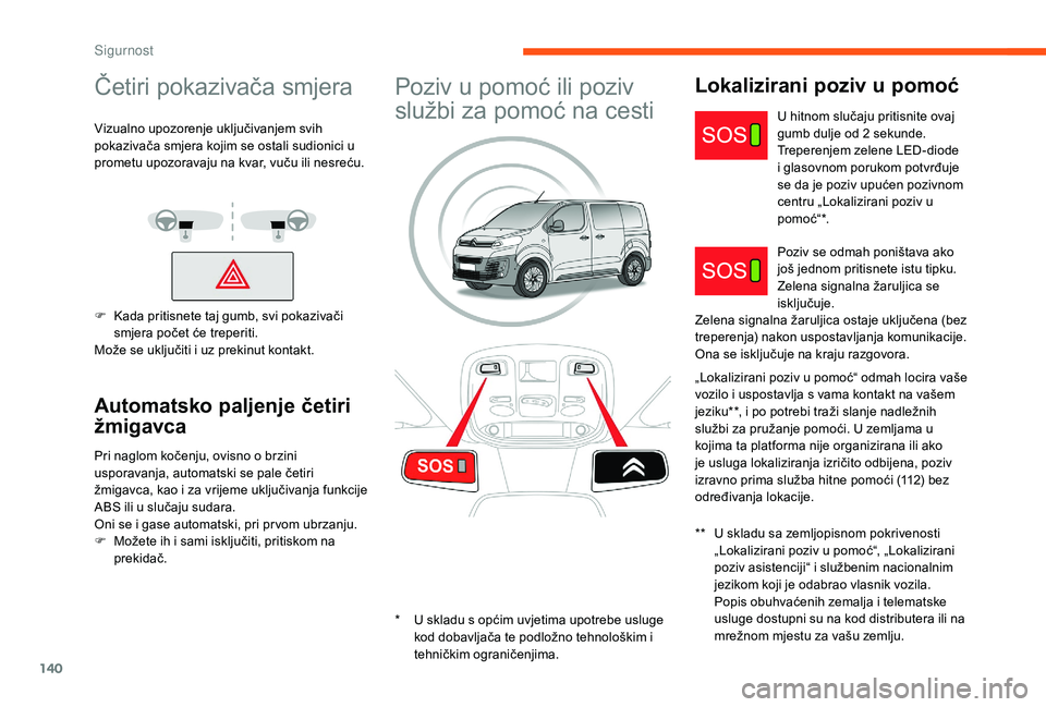 CITROEN JUMPER SPACETOURER 2018 Upute Za Rukovanje (in Croatian) 140
Četiri pokazivača smjera
Vizualno upozorenje uključivanjem svih
pokazivača smjera kojim se ostali sudionici u
prometu upozoravaju na kvar, vuču ili nesreću.
F
K
ada pritisnete taj gumb, CITROEN JUMPER SPACETOURER 2018 Upute Za Rukovanje (in Croatian) 140
Četiri pokazivača smjera
Vizualno upozorenje uključivanjem svih
pokazivača smjera kojim se ostali sudionici u
prometu upozoravaju na kvar, vuču ili nesreću.
F
K
ada pritisnete taj gumb,