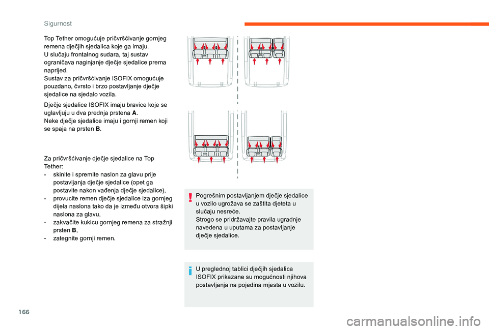 CITROEN JUMPER SPACETOURER 2018  Upute Za Rukovanje (in Croatian) 166
Top Tether omogućuje pričvršćivanje gornjeg 
remena dječjih sjedalica koje ga imaju. 
U slučaju frontalnog sudara, taj sustav 
ograničava naginjanje dječje sjedalice prema 
naprijed.
Susta
