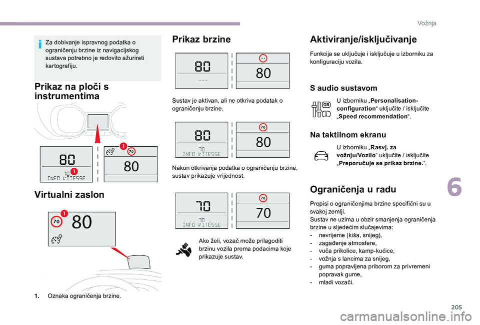 CITROEN JUMPER SPACETOURER 2018  Upute Za Rukovanje (in Croatian) 205
Za dobivanje ispravnog podatka o 
ograničenju brzine iz navigacijskog 
sustava potrebno je redovito ažurirati 
kartografiju.
Prikaz na ploči s 
instrumentima
Virtualni zaslon
1.Oznaka ograniče