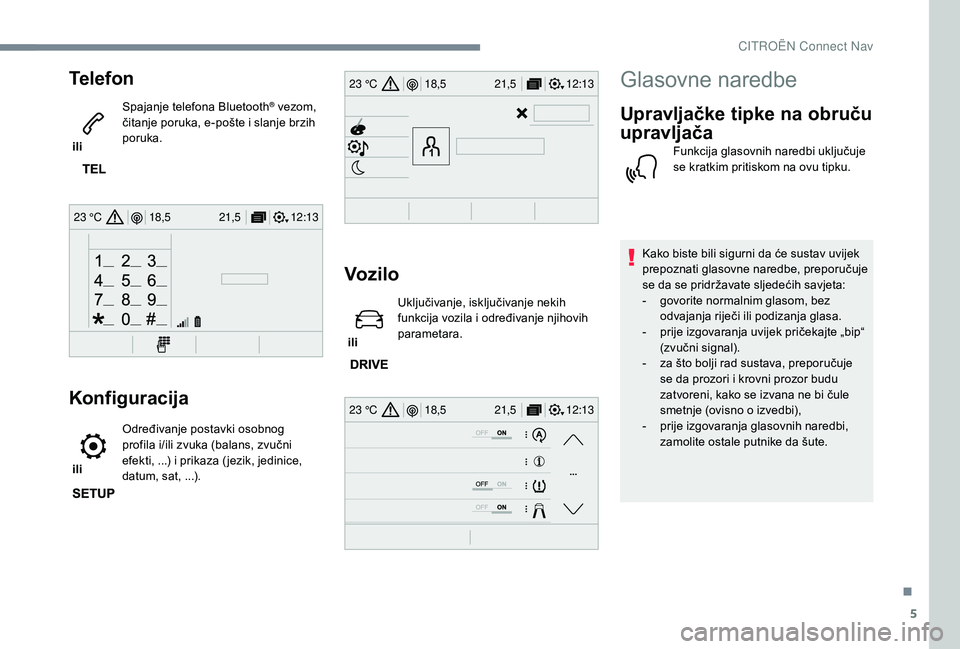 CITROEN JUMPER SPACETOURER 2018  Upute Za Rukovanje (in Croatian) 5
12:13
18,5 21,5
23 °C
12:13
18,5 21,5
23 °C
12:13
18,5 21,5
23 °C
Telefon
 ili  Spajanje telefona Bluetooth
® vezom, 
čitanje poruka, e-pošte i slanje brzih 
poruka.
Konfiguracija
 ili  Određ