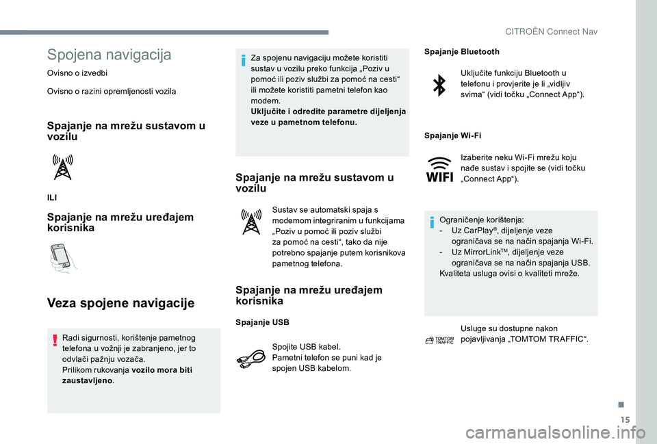 CITROEN JUMPER SPACETOURER 2018  Upute Za Rukovanje (in Croatian) 15
Spojena navigacija
Ovisno o izvedbi
Ovisno o razini opremljenosti vozila
Spajanje na mrežu sustavom u 
vozilu
ILI
Spajanje na mrežu uređajem 
korisnika
Veza spojene navigacije
Radi sigurnosti, k