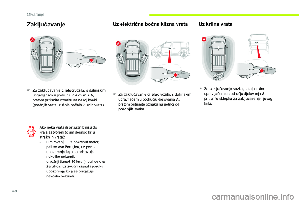 CITROEN JUMPER SPACETOURER 2018  Upute Za Rukovanje (in Croatian) 48
Zaključavanje
F Za zaključavanje cijelog vozila, s daljinskim 
upravljačem u području djelovanja A , 
prstom pritisnite oznaku na nekoj kvaki 
(prednjih vrata i ručnih bočnih kliznih vrata).
