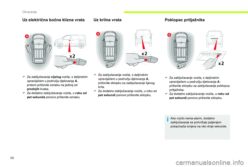 CITROEN JUMPER SPACETOURER 2018  Upute Za Rukovanje (in Croatian) 50
Uz električna bočna klizna vrata
F Za zaključavanje cijelog vozila, s daljinskim 
upravljačem u području djelovanja A , 
prstom pritisnite oznaku na jednoj od 
prednjih  kvaka.
F
 
Z
 a dodatn