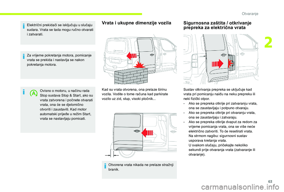CITROEN JUMPER SPACETOURER 2018 Upute Za Rukovanje (in Croatian) 63
Električni prekidači se isključuju u slučaju
sudara. Vrata se tada mogu ručno otvarati
i zatvarati.
Za vrijeme pokretanja motora, pomicanje
vrata se prekida i nastavlja se nakon
pokretanja CITROEN JUMPER SPACETOURER 2018 Upute Za Rukovanje (in Croatian) 63
Električni prekidači se isključuju u slučaju
sudara. Vrata se tada mogu ručno otvarati
i zatvarati.
Za vrijeme pokretanja motora, pomicanje
vrata se prekida i nastavlja se nakon
pokretanja