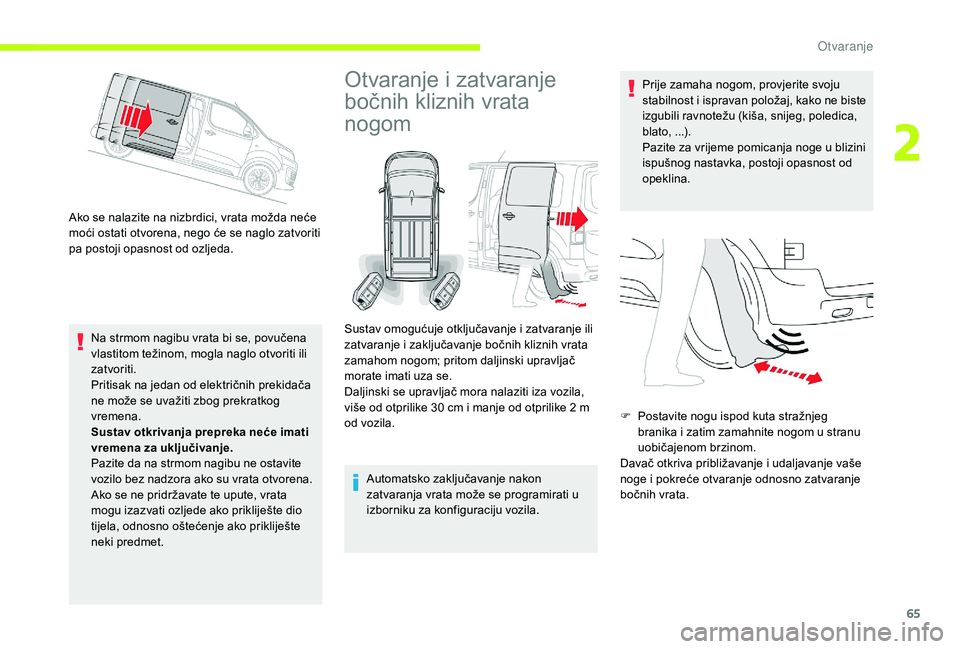 CITROEN JUMPER SPACETOURER 2018 Upute Za Rukovanje (in Croatian) 65
Ako se nalazite na nizbrdici, vrata možda neće
moći ostati otvorena, nego će se naglo zatvoriti
pa postoji opasnost od ozljeda.Na strmom nagibu vrata bi se, povučena
vlastitom težinom, mog CITROEN JUMPER SPACETOURER 2018 Upute Za Rukovanje (in Croatian) 65
Ako se nalazite na nizbrdici, vrata možda neće
moći ostati otvorena, nego će se naglo zatvoriti
pa postoji opasnost od ozljeda.Na strmom nagibu vrata bi se, povučena
vlastitom težinom, mog