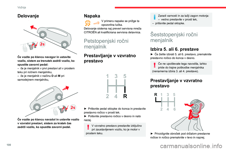 CITROEN BERLINGO VAN 2021  Navodila Za Uporabo (in Slovenian) 100
Vožnja
Delovanje 
 
Če vozite po klancu navzgor in ustavite 
vozilo, sistem za trenutek zadrži vozilo, ko 
spustite zavorni pedal:
– 
če je menjalnik v prvi prestavi ali v prostem 
teku pri 