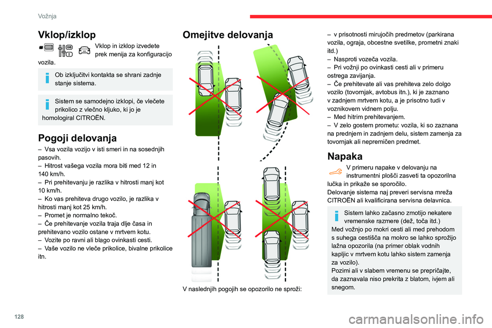 CITROEN BERLINGO VAN 2021 Navodila Za Uporabo (in Slovenian) 128
Vožnja
Vklop/izklop
Vklop in izklop izvedete
prek menija za konfiguracijo
vozila.
Ob izključitvi kontakta se shrani zadnje
stanje sistema.
Sistem se samodejno izklopi, če vlečete
prikolico CITROEN BERLINGO VAN 2021 Navodila Za Uporabo (in Slovenian) 128
Vožnja
Vklop/izklop
Vklop in izklop izvedete
prek menija za konfiguracijo
vozila.
Ob izključitvi kontakta se shrani zadnje
stanje sistema.
Sistem se samodejno izklopi, če vlečete
prikolico