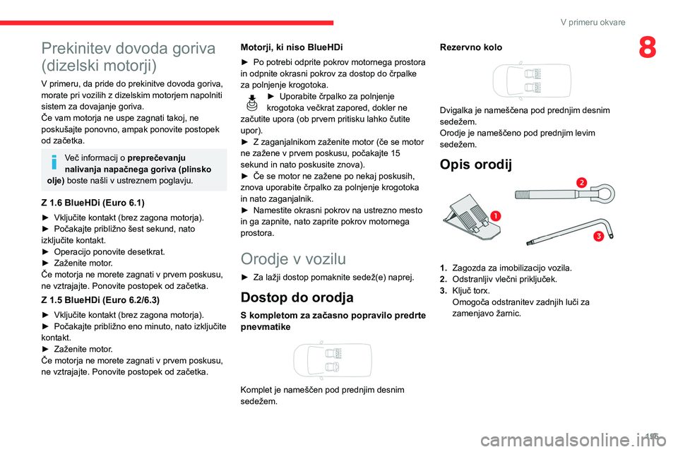CITROEN BERLINGO VAN 2021 Navodila Za Uporabo (in Slovenian) 155
V primeru okvare
8Prekinitev dovoda goriva
(dizelski motorji)
V primeru, da pride do prekinitve dovoda goriva,
morate pri vozilih z dizelskim motorjem napolniti
sistem za dovajanje goriva.
Če CITROEN BERLINGO VAN 2021 Navodila Za Uporabo (in Slovenian) 155
V primeru okvare
8Prekinitev dovoda goriva
(dizelski motorji)
V primeru, da pride do prekinitve dovoda goriva,
morate pri vozilih z dizelskim motorjem napolniti
sistem za dovajanje goriva.
Če