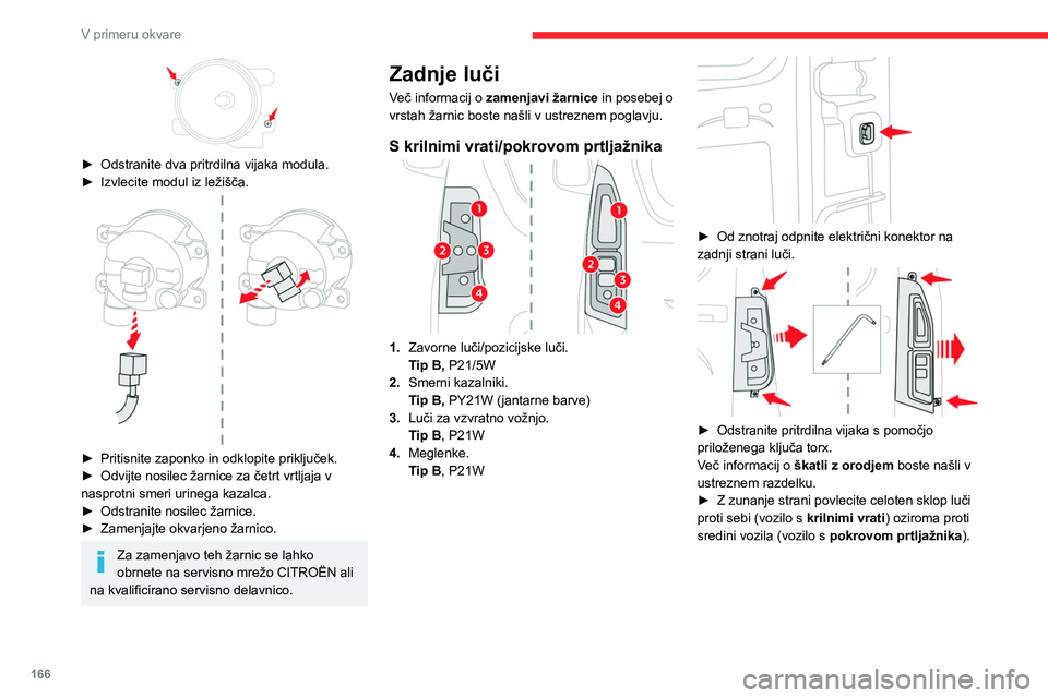 CITROEN BERLINGO VAN 2021  Navodila Za Uporabo (in Slovenian) 166
V primeru okvare
 
► Odprite jezičke, nato pa izvlecite držalo luči.
►  Z rahlim pritiskom na žarnico in z obratom za 
četrt vrtljaja v nasprotni smeri urnega kazalca 
izvlecite pregorelo
