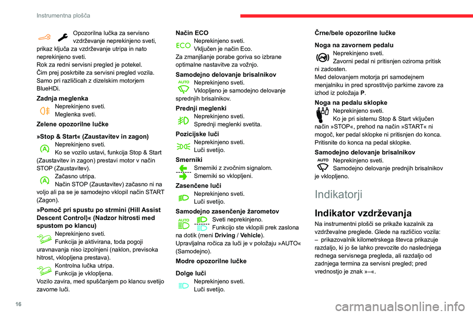CITROEN BERLINGO VAN 2021  Navodila Za Uporabo (in Slovenian) 16
Instrumentna plošča
Opozorilna lučka za servisno 
vzdrževanje neprekinjeno sveti, 
prikaz ključa za vzdrževanje utripa in nato 
neprekinjeno sveti.
Rok za redni servisni pregled je potekel.
�