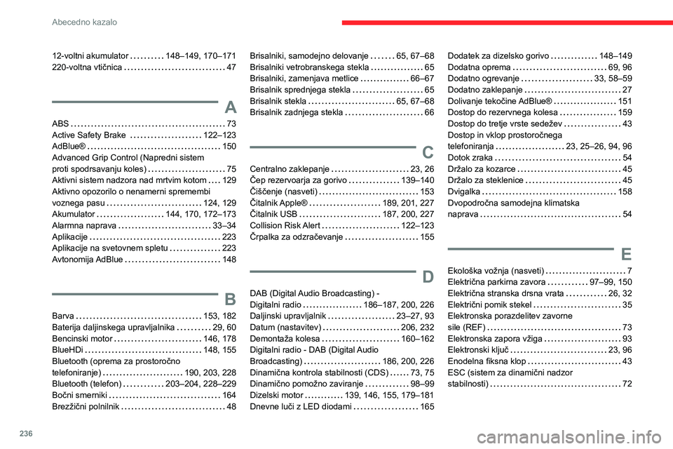 CITROEN BERLINGO VAN 2021  Navodila Za Uporabo (in Slovenian) 236
Abecedno kazalo
12-voltni akumulator     148–149, 170–171
220-voltna vtičnica     
47
A
ABS    73
Active Safety Brake     
122–123
AdBlue®
    
150
Advanced Grip Control (Napredni sistem  
