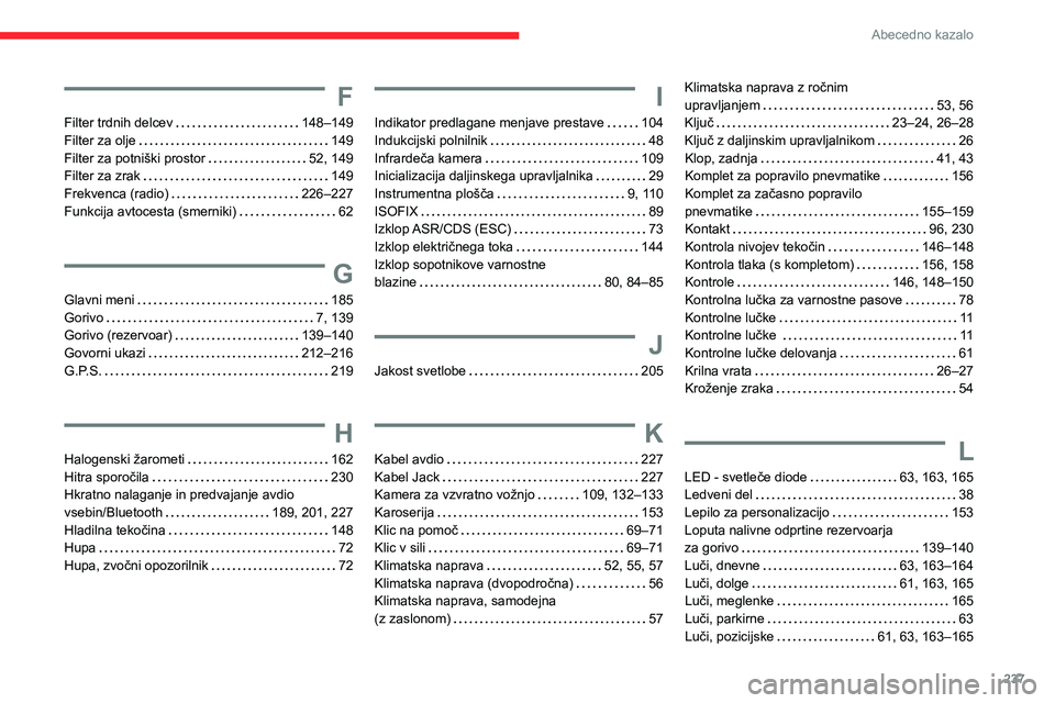 CITROEN BERLINGO VAN 2021  Navodila Za Uporabo (in Slovenian) 237
Abecedno kazalo
F
Filter trdnih delcev     148–149
Filter za olje     
149
Filter za potniški prostor
    
52, 149
Filter za zrak
    
149
Frekvenca (radio)
    
226–227
Funkcija avtocesta (s