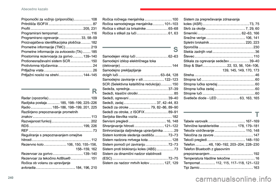 CITROEN BERLINGO VAN 2021  Navodila Za Uporabo (in Slovenian) 240
Abecedno kazalo
Pripomočki za vožnjo (priporočila)     108
Pritrdišča ISOFIX     
87
Profili
    
205, 231
Programirani tempomat
    
116
Programirano ogrevanje
    
33, 58–59
Proizvajalče